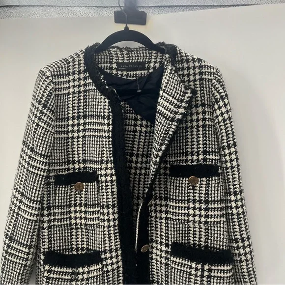 Zara Tweed Black And White Blazer academia gold buttons old money classy - Picture 4 of 16